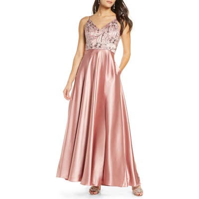 Sequin Hearts Embellished Bodice Satin Gown, Pink