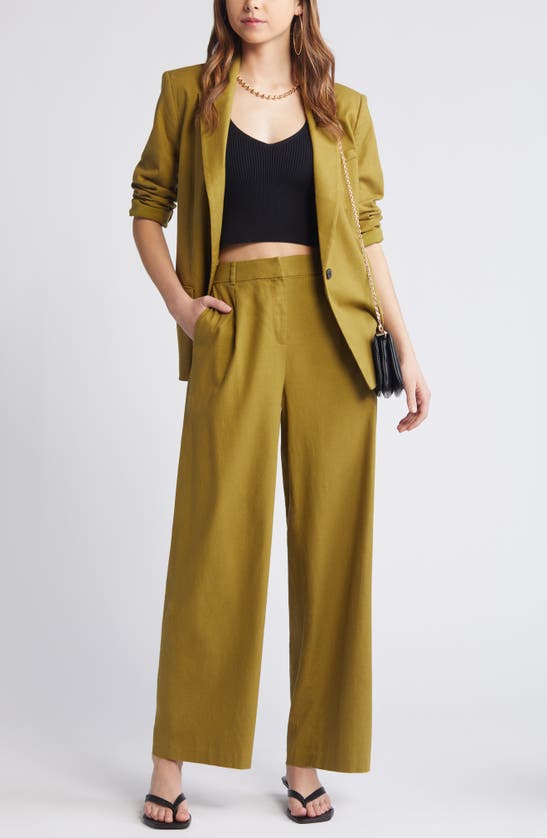 Shop Open Edit Wide Leg Linen Blend Pants In Olive Eyes