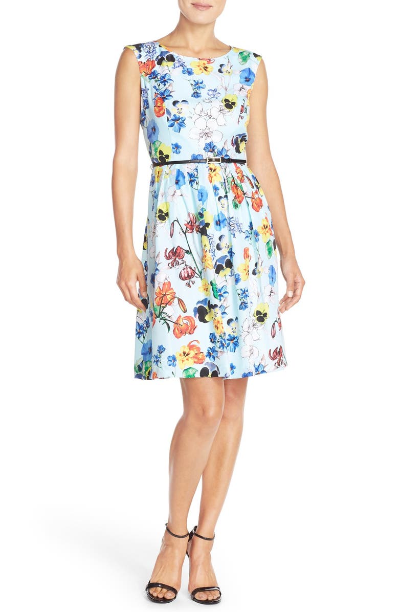 Ellen Tracy 'Aqua' Belted Floral Print Twill Fit & Flare Dress | Nordstrom