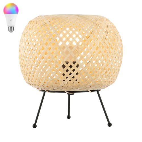 Jonathan Y Palma Bohemian Rustic Iron/rattan Led Mini Table Lamp With Smart Bulb In Light Brown/black