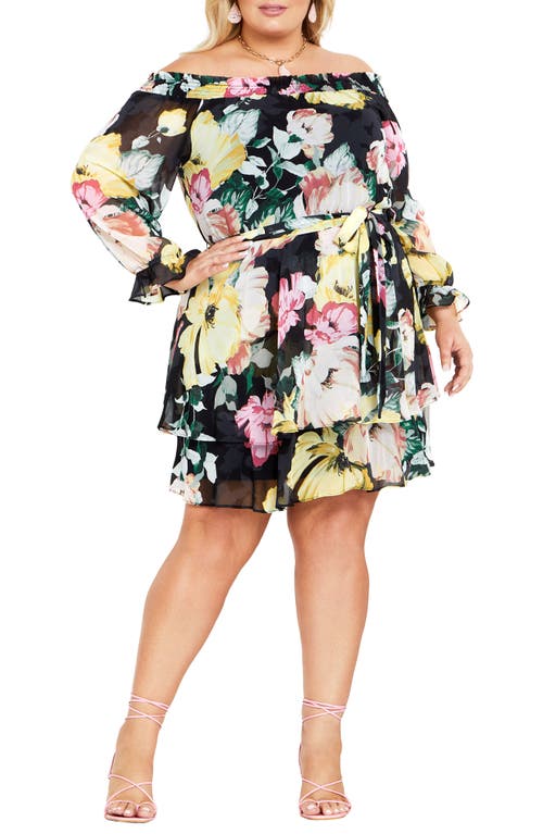 City Chic Athena Floral Off the Shoulder Long Sleeve Belted Minidress Melanie Bloom at