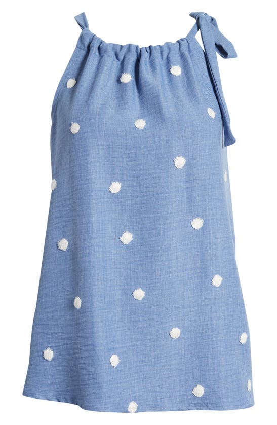 Loveappella Tie Shoulder Sleeveless Top In Chambray