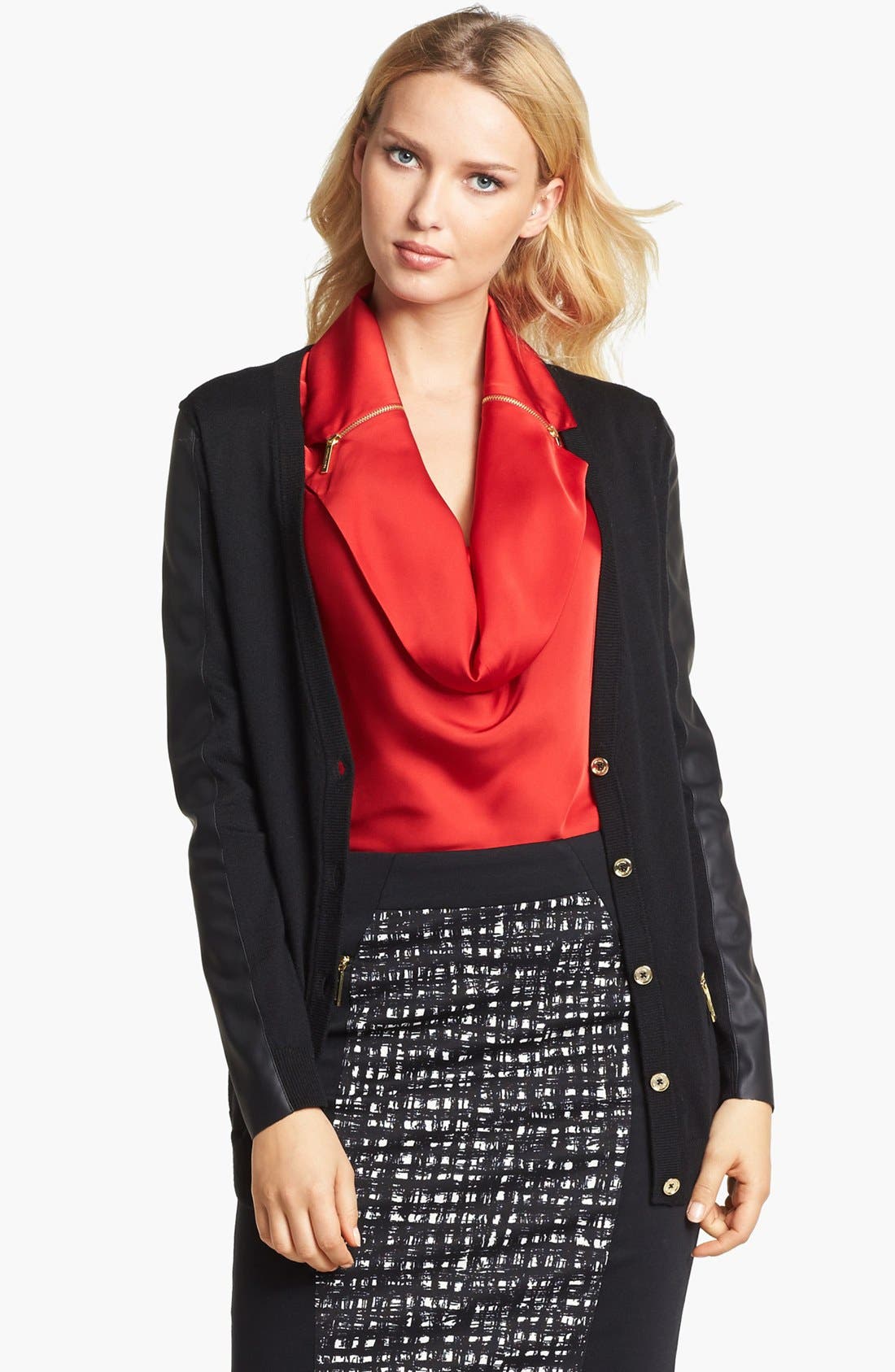 MICHAEL Michael Kors Faux Leather Sleeve VNeck Cardigan Nordstrom