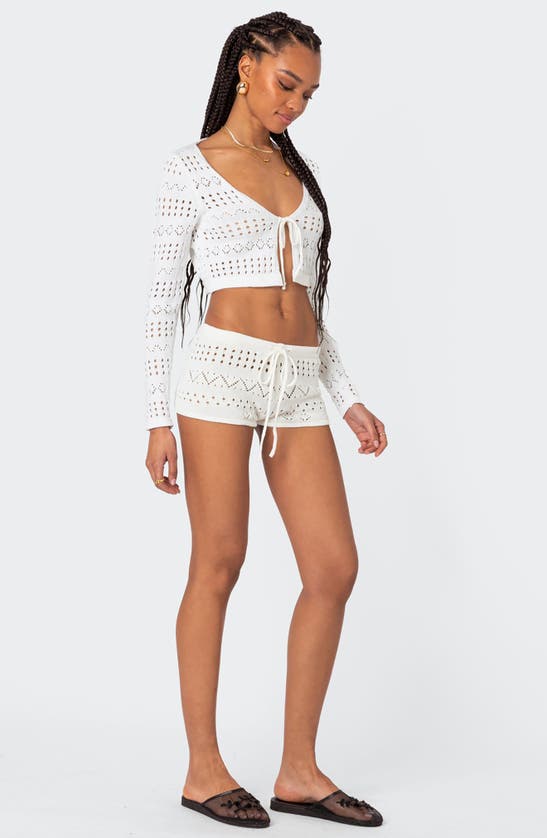 Shop Edikted Betsy Open Stitch Tie Front Crop Cardigan In White