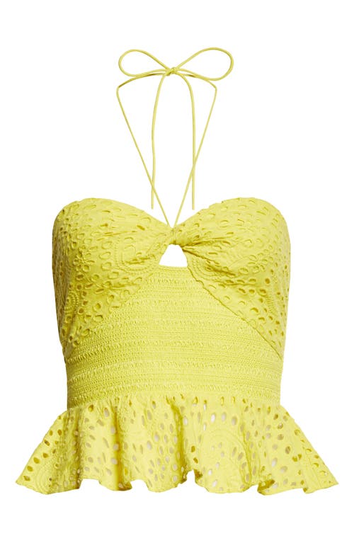 Alice And Olivia Livia Broderie Anglaise Cotton Peplum Halterneck Top In Happy Yellow