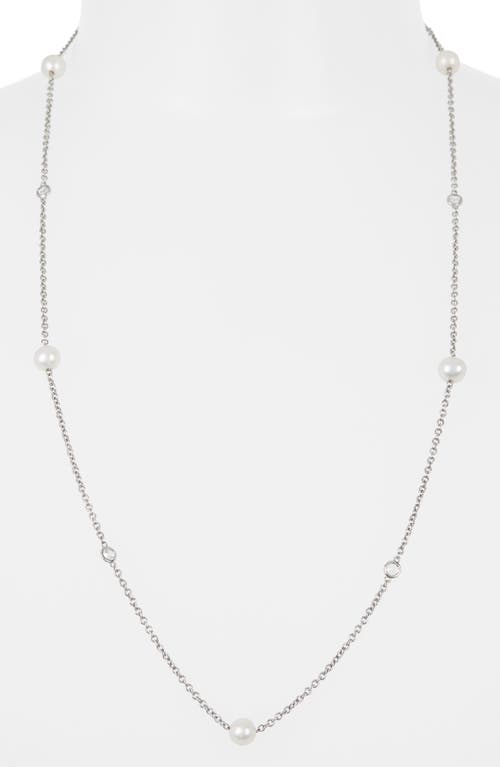 Suzy Levian Sterling Silver 7–7.5mm Cultured Freshwater Pearl & Lab Grown White Sapphire Station Cha In White
