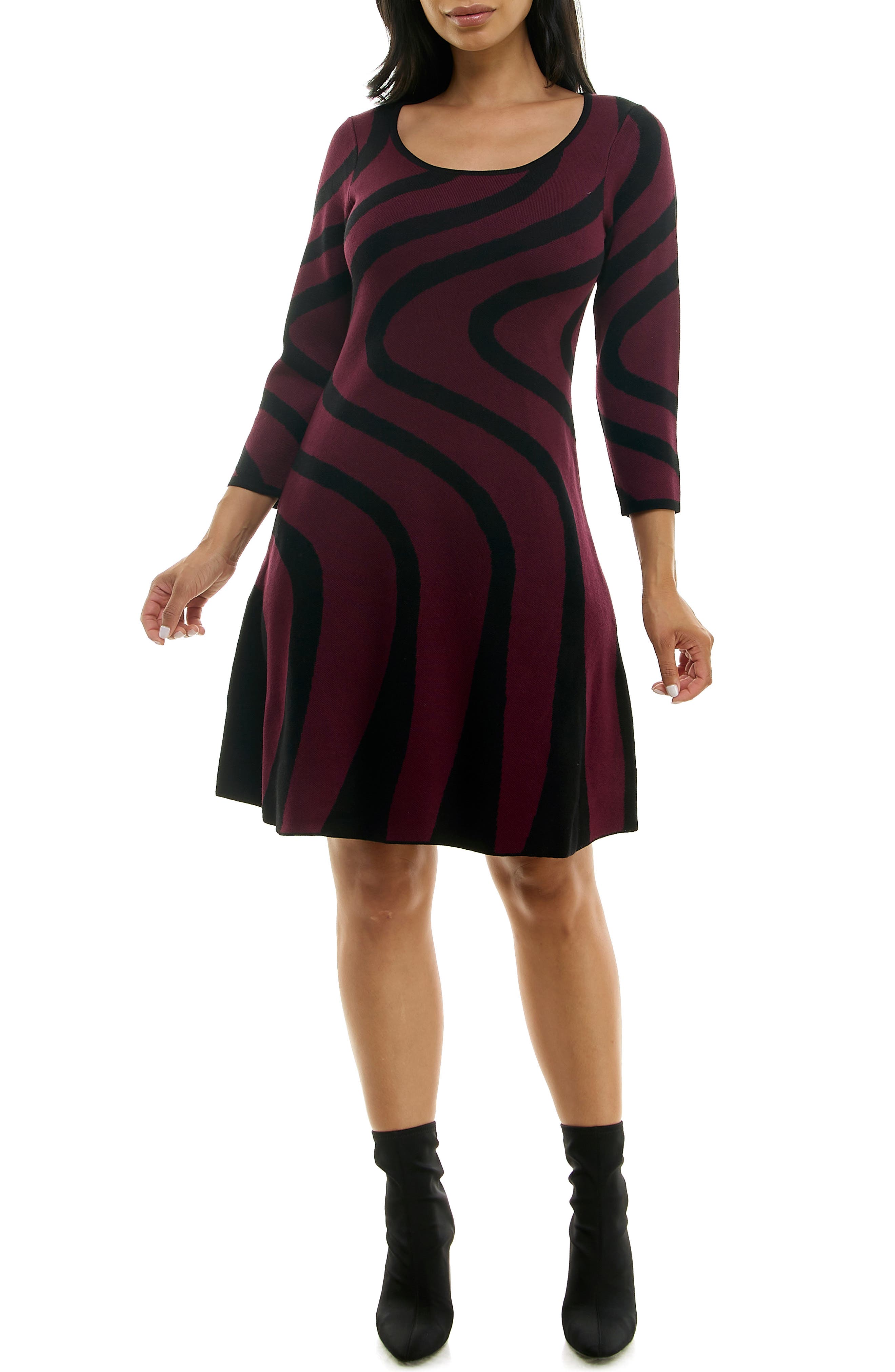 Robe Pull Nina Leonard - Taille L - Noir à Rayures - Col Cheminée - Manches Longues