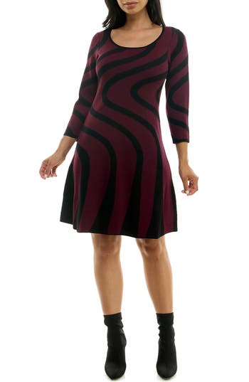 Nina Leonard Jacquard Long Sleeve Sweater Dress In Burgundy