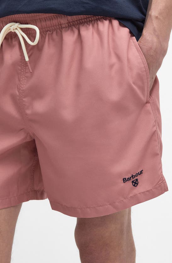 Shop Barbour Staple Logo Embroidered Swim Trunks In Pink Clay