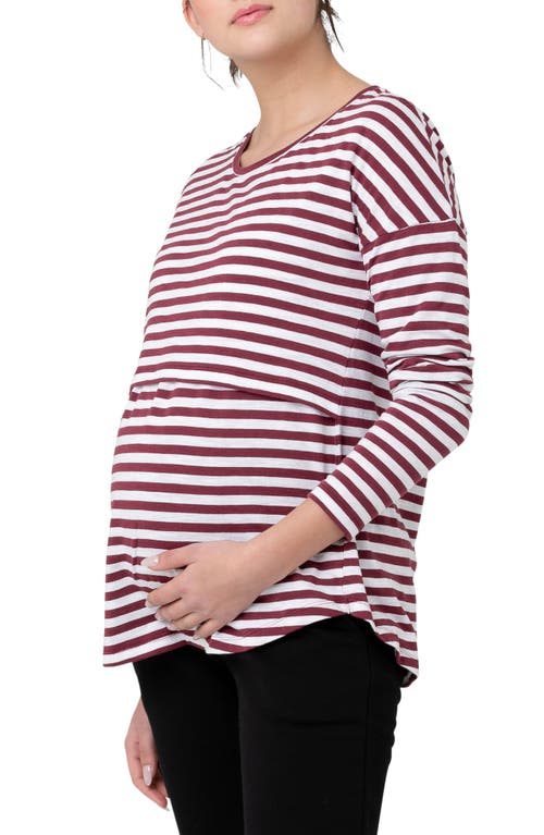 Shop Ripe Maternity Lionel Stripe Long Sleeve Maternity/nursing T-shirt In Maroon/white