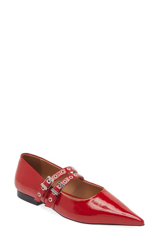 Shop Ganni Pointed Toe Mary Jane Flat In Racing Red