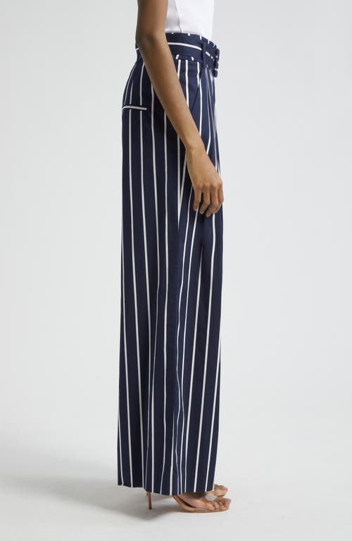 Shop Veronica Beard Maliyah Stripe Belted Wide Leg Pants In Navy/white