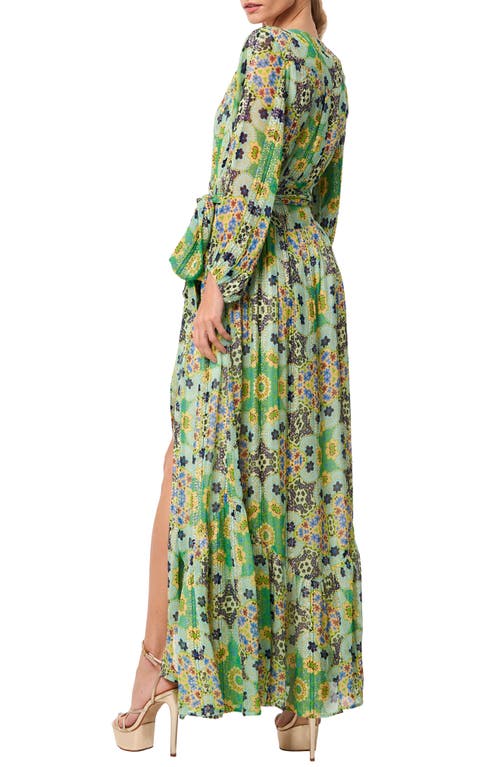 Ciebon Shani Metallic Floral Print Long Sleeve Wrap Dress In Green Multi