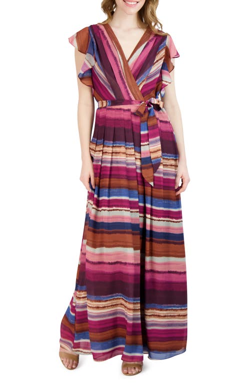 Donna Ricco Stripe Flutter Sleeve Maxi Dress in Multi