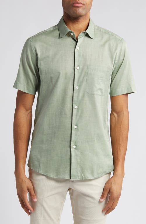 Heathered Chambray Short Sleeve Button-Up Shirt in Sage