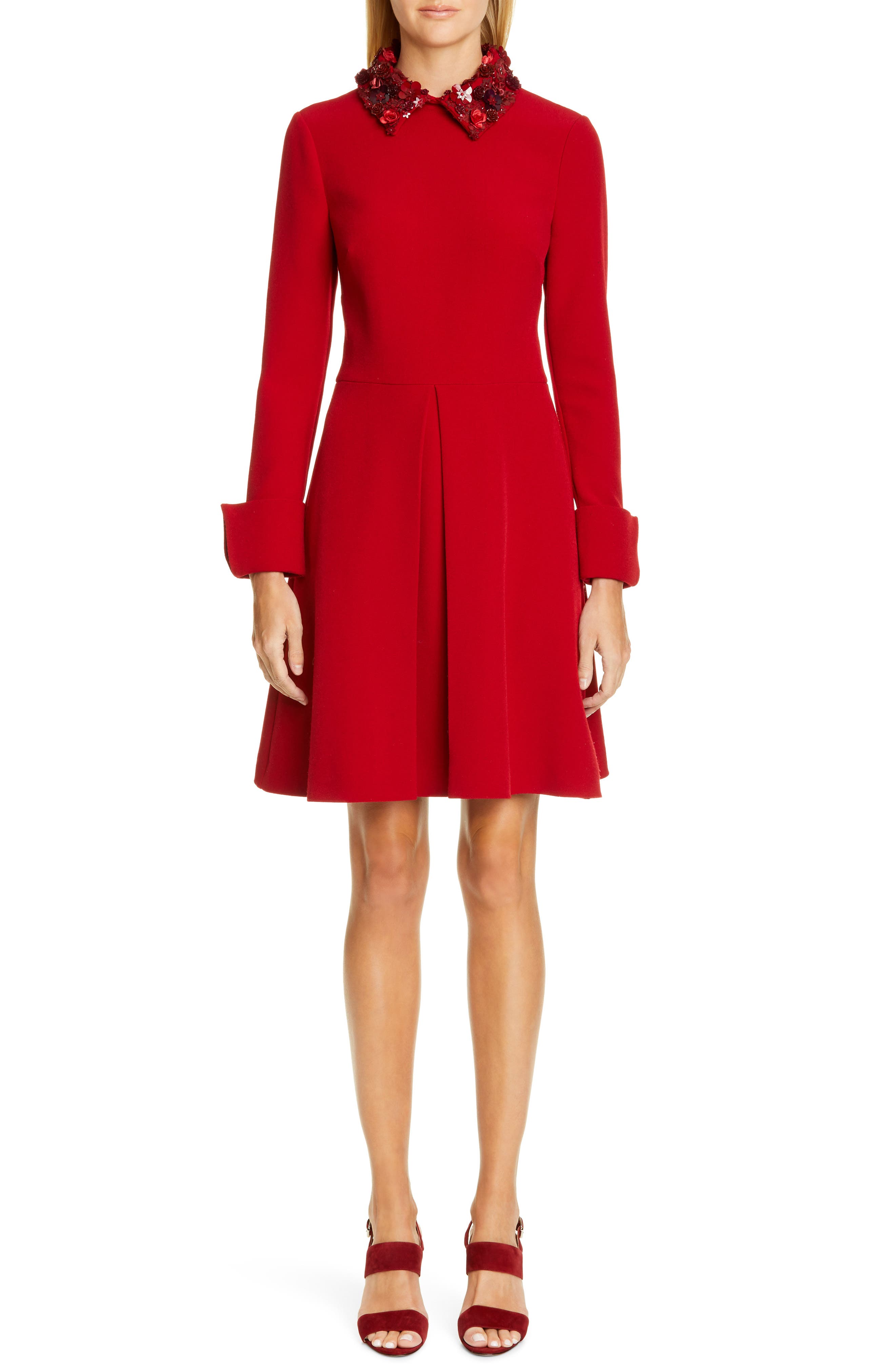 Badgley Mischka Embellished Collar Long Sleeve Cocktail Dress, Red