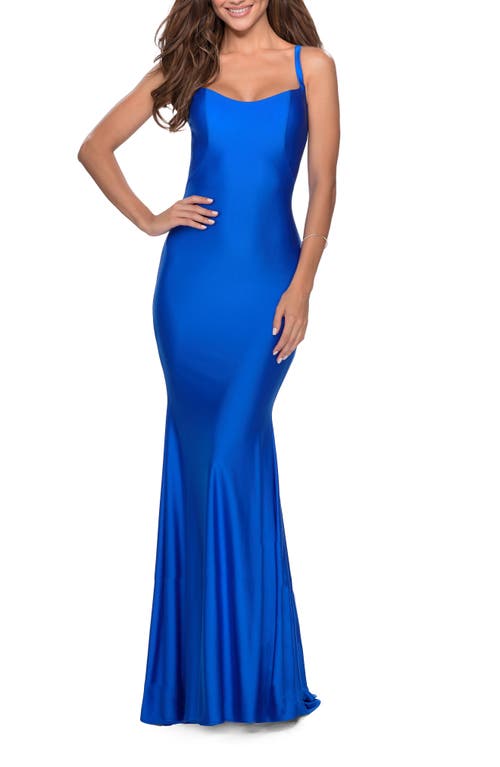 Lace Up Back Jersey Mermaid Gown in Royal Blue