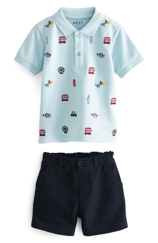 Shop Next Kids' Embroidered Cotton Polo & Shorts Set In Blue