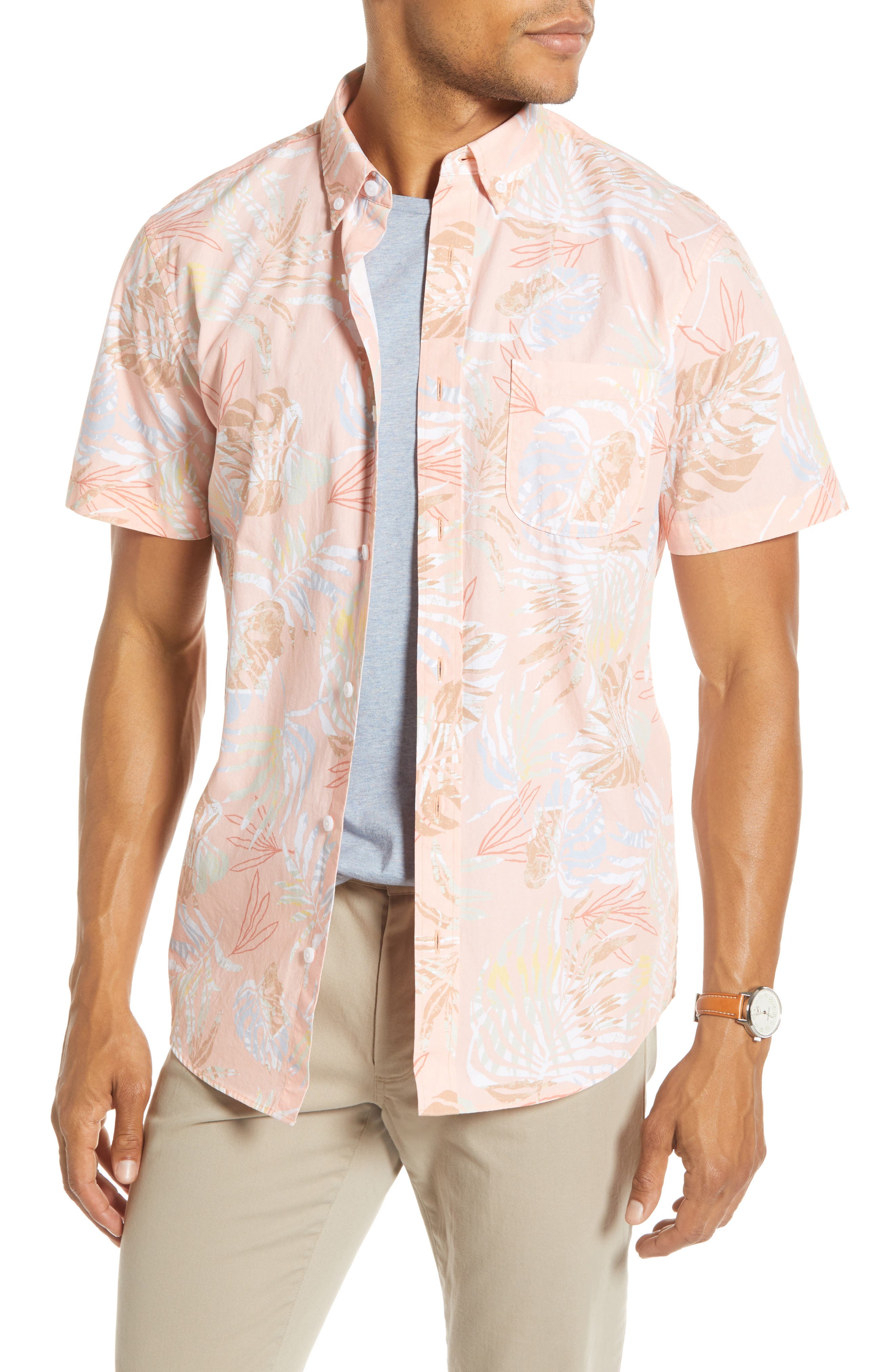 1901 Trim Fit Palm Print Short Sleeve Button-Down Sport Shirt, Coral