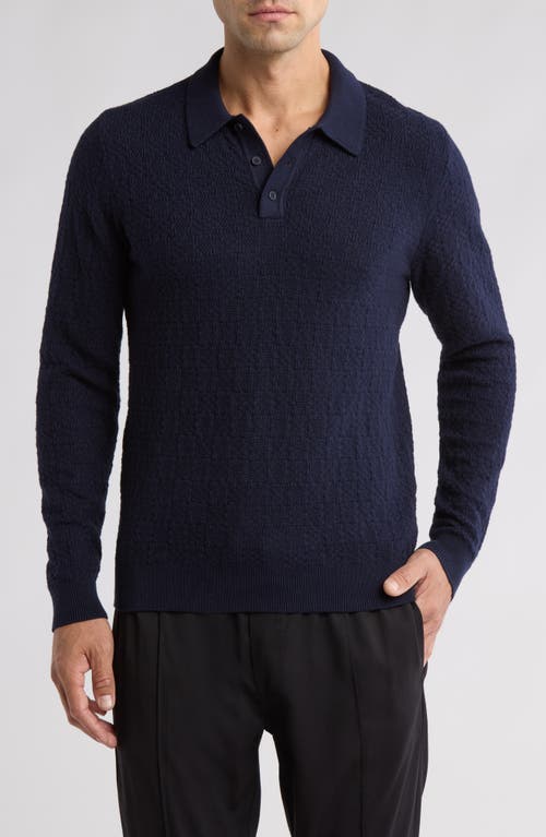 Wax London Oban Long Sleeve Textured Cotton & Cashmere Polo Sweater in Navy 