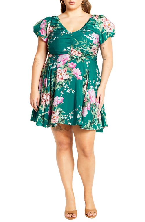 Shop City Chic Marci Pleated Bodice Floral Print Tie Back Dress In Jade Sweet Blossom