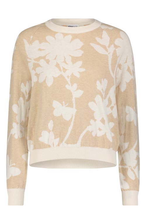Minnie Rose Cotton Cashmere Long Sleeve Reversible Floral Crewneck Sweater In Brown Sugar/starch