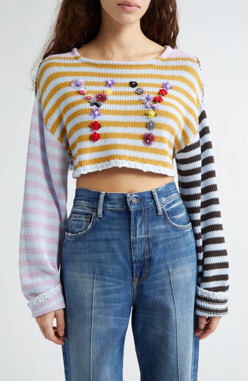 YY Appliqué Colorblock Stripe Crop Sweater in Marigold/Lilac/Choco