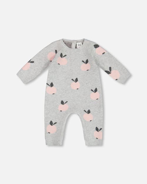 Shop Deux Par Deux Baby Girl's Knitted Jacquard Jumpsuit Gray With Apples In Light Grey Mix