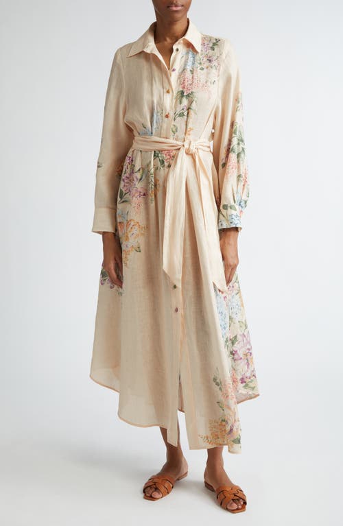 Shop Zimmermann Halliday Floral Long Sleeve Linen Shirtdress In Cream Watercolour Floral