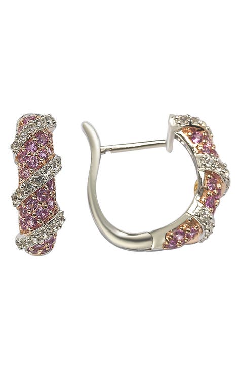 18K Gold Plated Sterling Silver Pavé Pink & Created White Sapphire Diamond Accent Wrap Huggie Earrings - 0.02 ctw