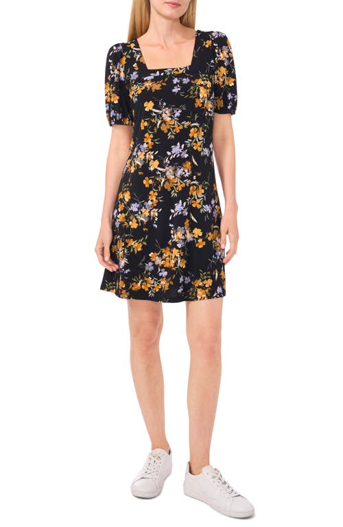 Cece Floral Square Neck Crepe Knit Dress In Rich Black