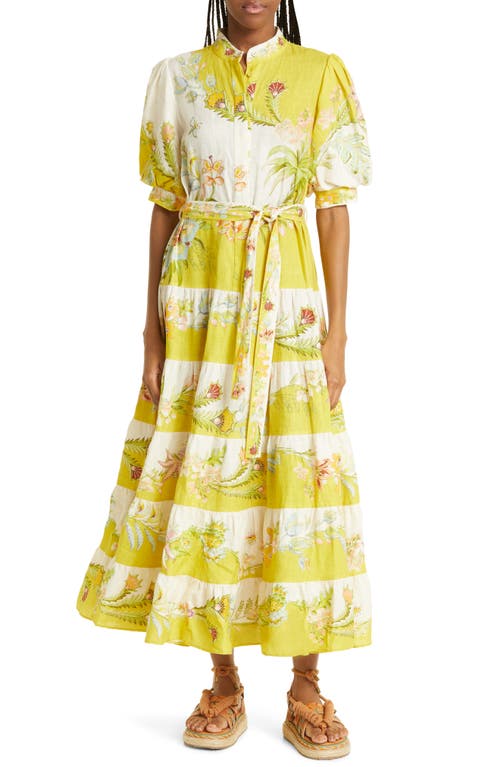 ALEMAIS Ira Floral Tiered Belted Midi Shirtdress in Lemon/Cream