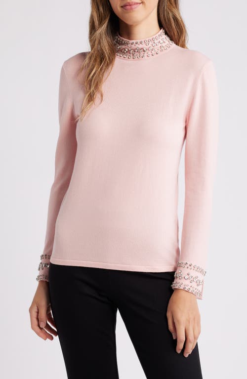 Shop Anne Klein Crystal Embellished Mock Neck Sweater In Pink Blush