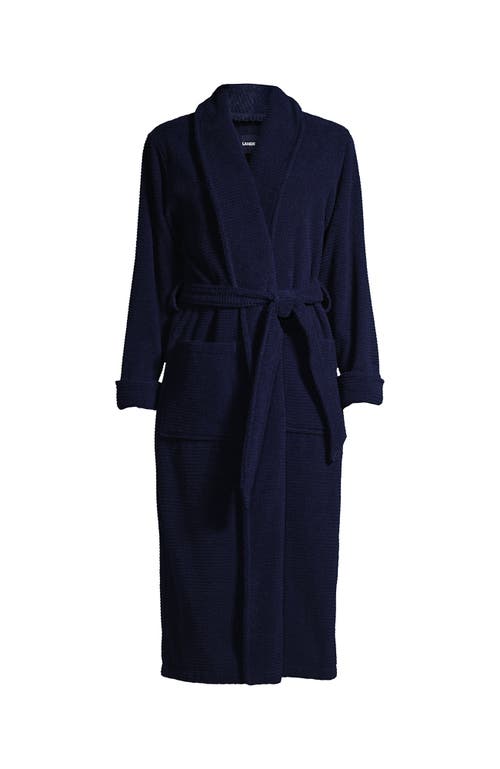 Shop Lands' End Cotton Terry Long Spa Bath Robe In Deep Sea Navy