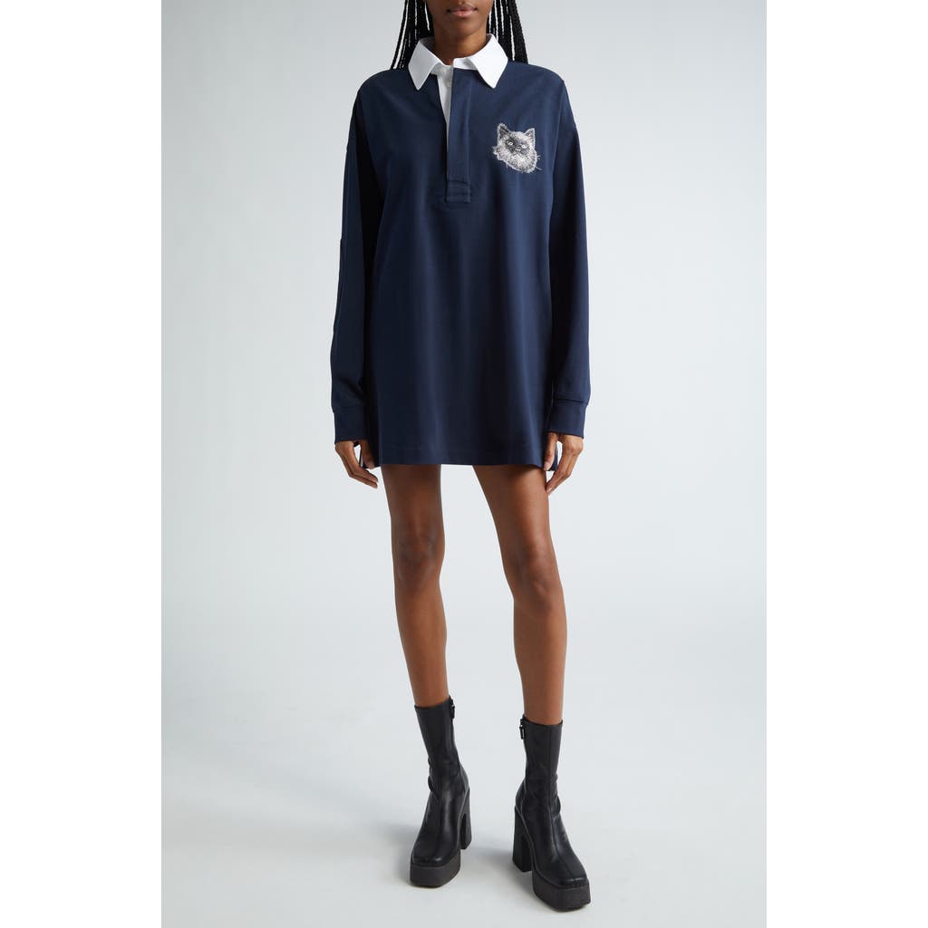 Stella Mccartney Embroidered Cat Long Sleeve Cotton Rugby Shirt In Navy
