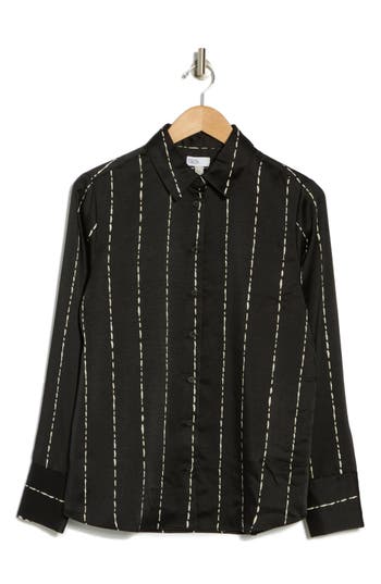Nordstrom Rack Satin Long Sleeve Button-up Shirt In Black- Beige Dashed Stripe