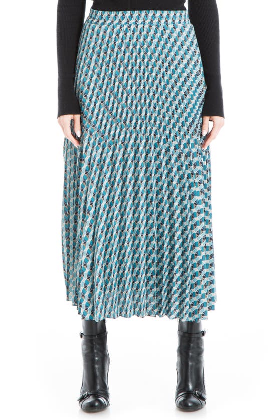 Maxstudio Graduated Pleat Print Knee-length Midi Skirt In Black/ Teal Geo Wave
