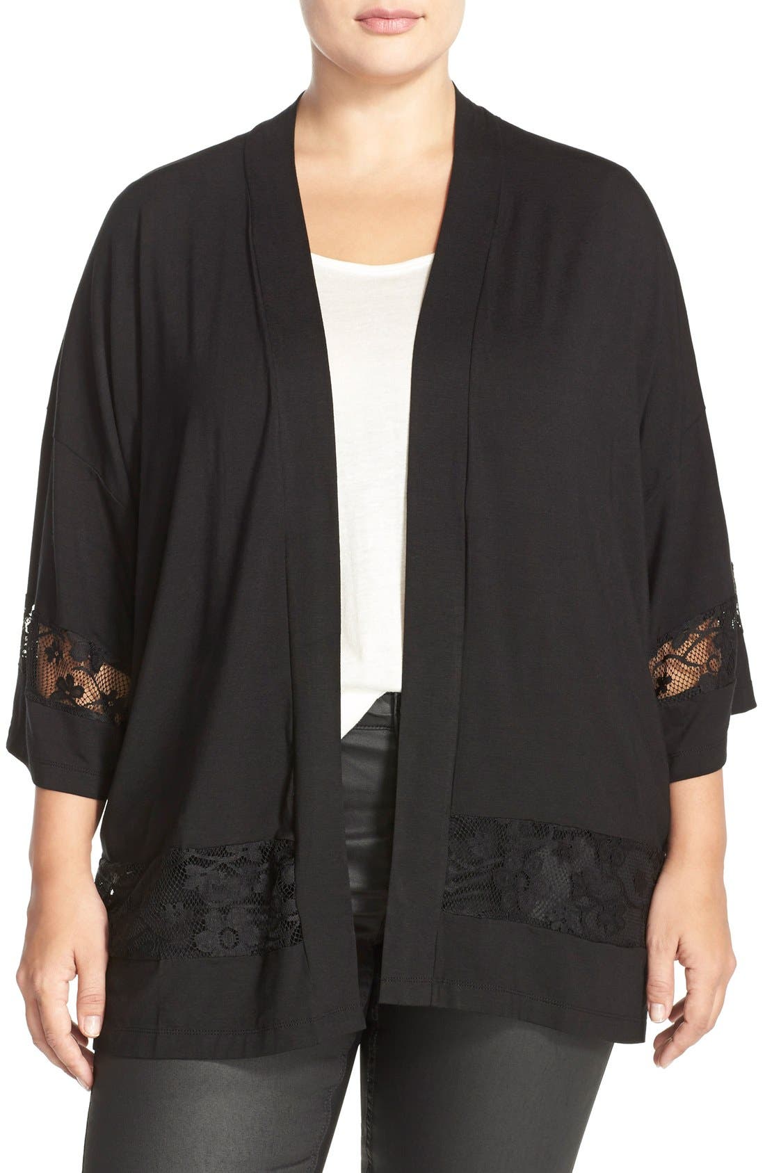 JUNAROSE Lace Trim Kimono Sleeve Cardigan (Plus Size) Nordstrom