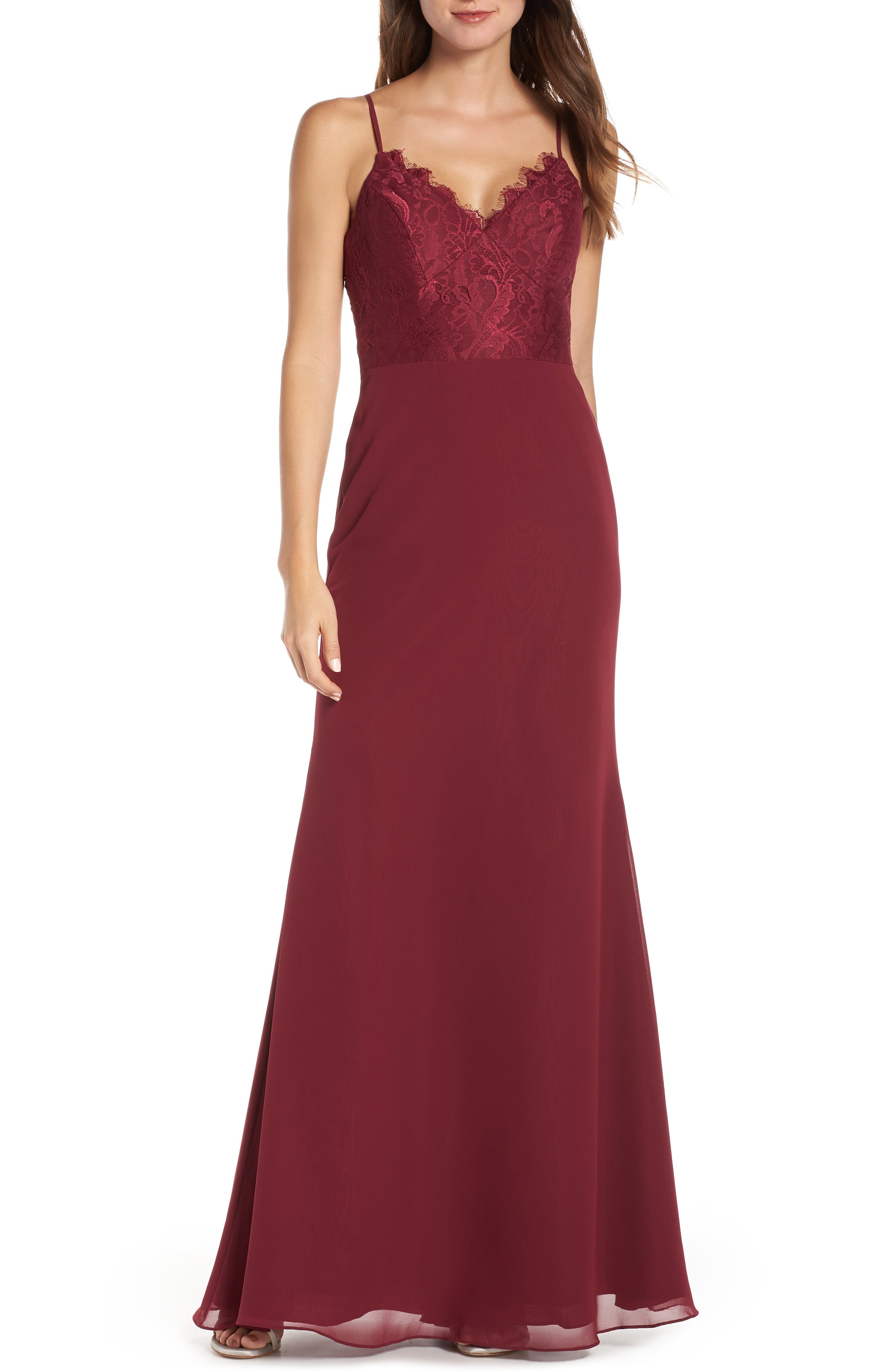 Hayley Paige Occasions Sleeveless Rose Lace & Chiffon Evening Dress, Burgundy
