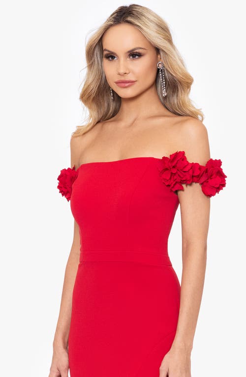 Shop Xscape Evenings Flower Off The Shoulder Scuba Crepe Gown In Red