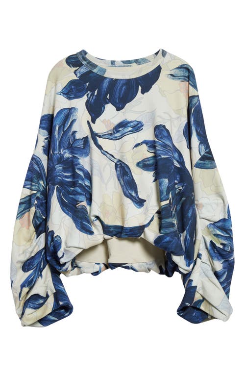 Shop Dries Van Noten Hannet Floral Print Oversize Gathered Cotton Sweatshirt In Blue