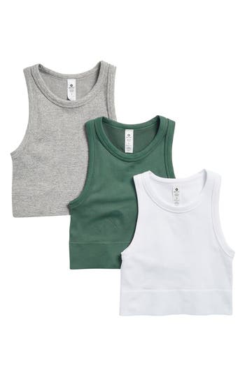 90 Degree By Reflex 3-pack Seamless Ribbed Crop Tank Tops In Dark Forest/white/htr.grey