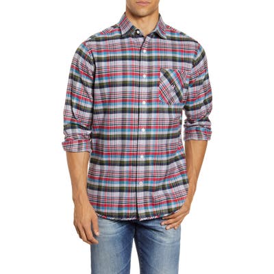 Psycho Bunny Axminster Plaid Button-Up Flannel Shirt, Grey