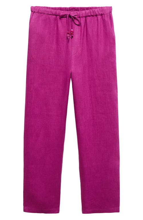 Shop Mango Elastic Waist Crop Straight Leg Linen Pants In Fuschia