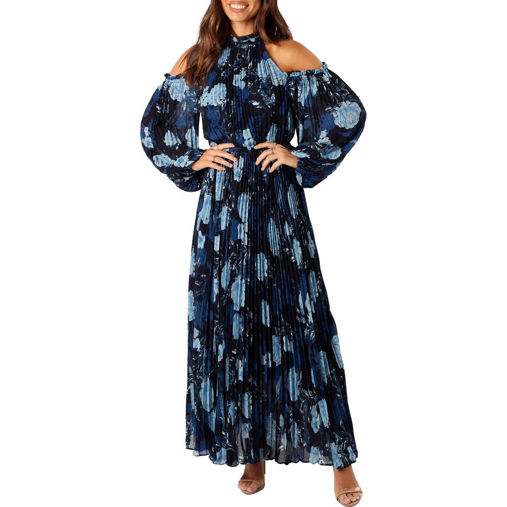Petal And Pup Petal & Pup Hilary Floral Cold Shoulder Long Sleeve Maxi Dress In Blue