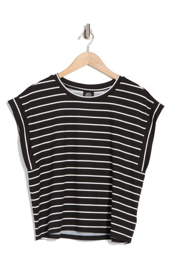 Shop Bobeau Stripe Cap Sleeve T-shirt In Black/ivory