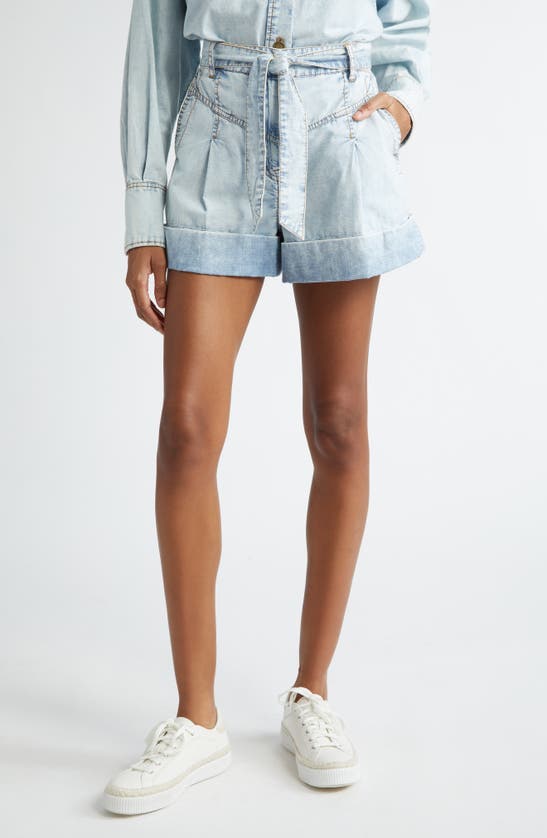 Shop Zimmermann Belted Pleated Denim Shorts In Blue Smoke