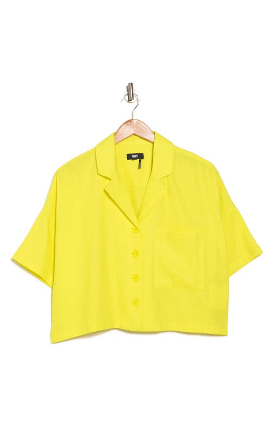 Shop Dkny Sport Linen Blend Crop Button-up Camp Shirt In Fluoro Yellow