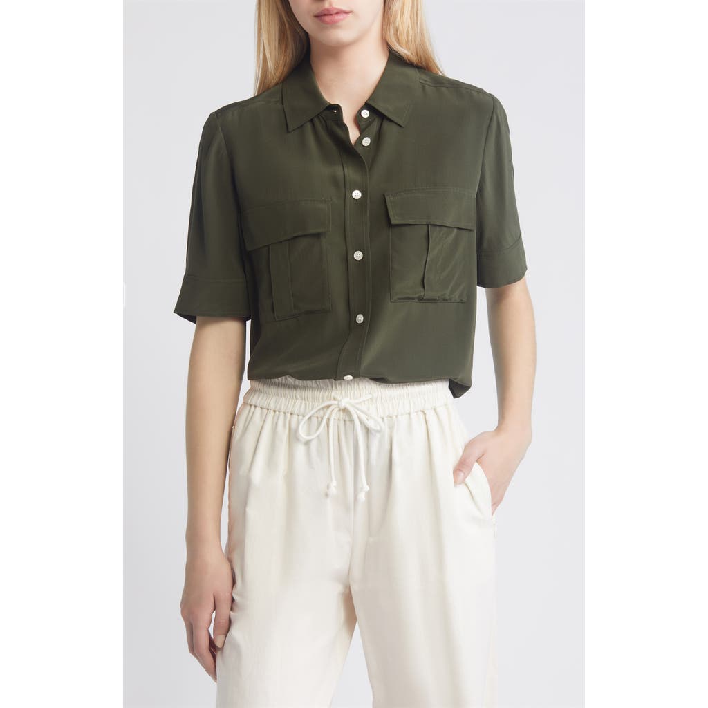 Frame Short Sleeve Silk Flap Pocket Button-up Shirt In Military