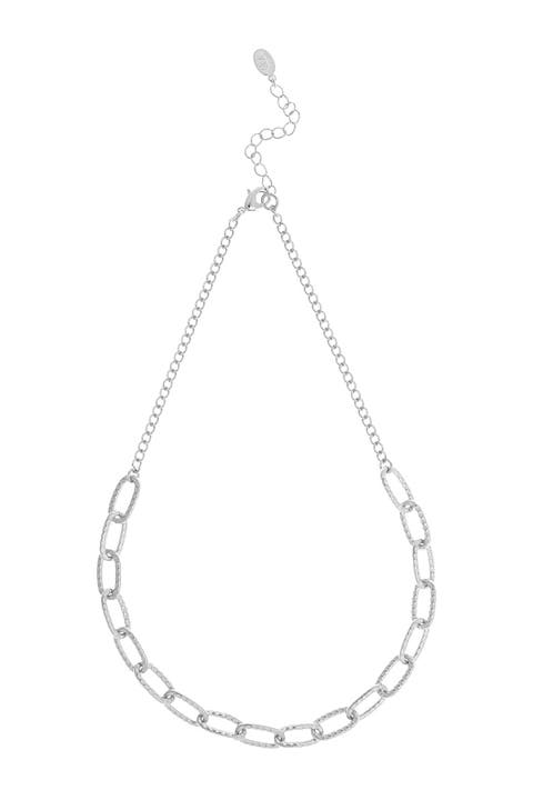 White Rhodium Clad Polished Textured Link Necklace